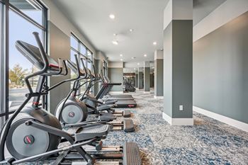 A row of exercise bikes in a fitness room